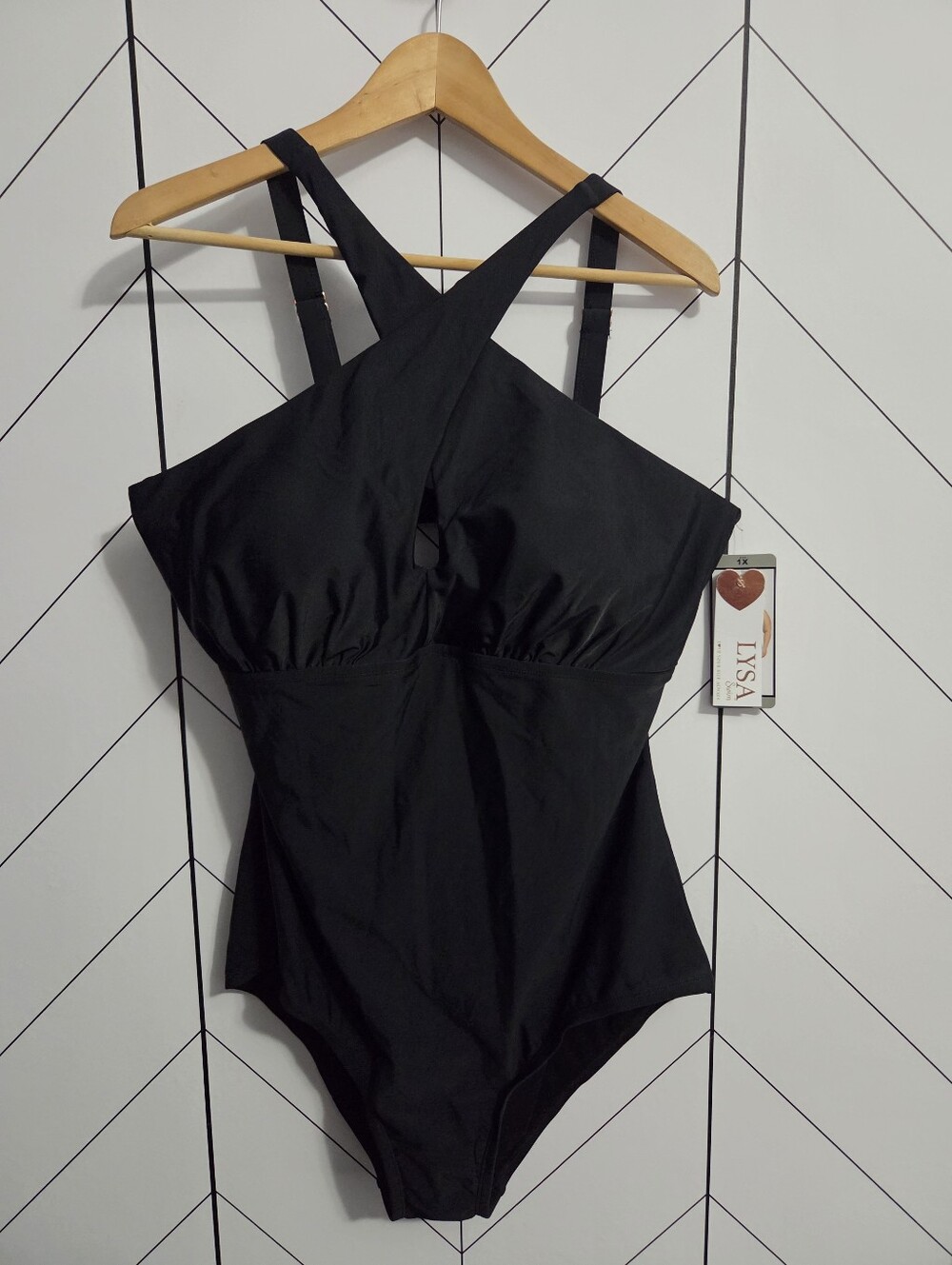 NWT LYSA Black Halter Keyhole One Piece Swimsuit Rose Gold Hardware, Plus 1X
